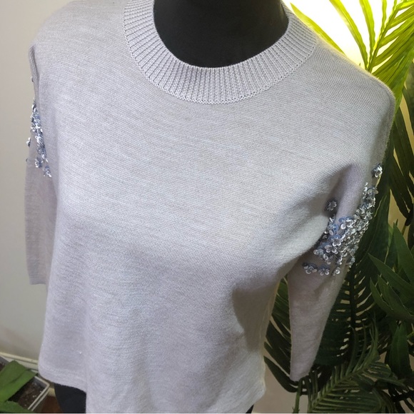 J. Crew Wool Floral Sequin Embellished 3/4 Sleeves Oatmeal Crewneck Sweater XXS - Picture 3 of 9